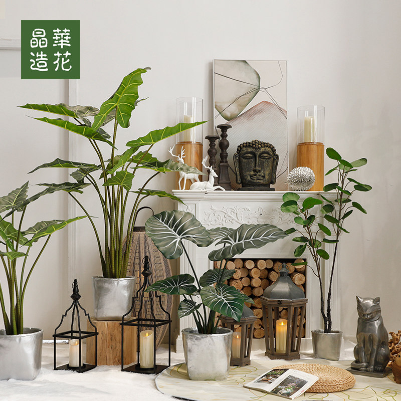 晶华落地植物盆栽家居陈列摆件仿真绿植网红大叶子景观树假芭蕉叶