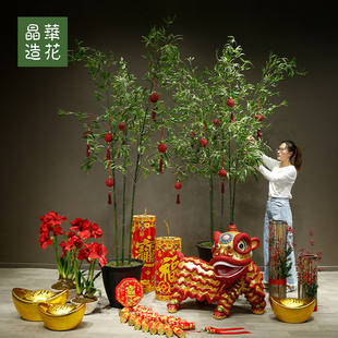 晶华造花新春仿真绿竹花艺套装新年堆头元旦商场橱窗装饰竹子摆件