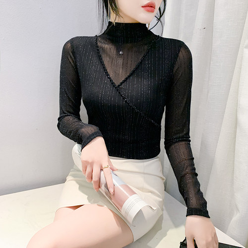 欧货半高领网纱打底衫女秋冬新款别致钉钻长袖T恤修身内搭上衣潮