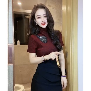 体桖打底衫 半高领短袖 修身 半袖 t恤女性感镂空烫钻上衣2024夏新款