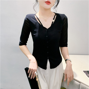 女装 夏季 T恤女修身 百搭上衣半袖 性感网纱V领纽扣拼接中袖 小衫 时尚