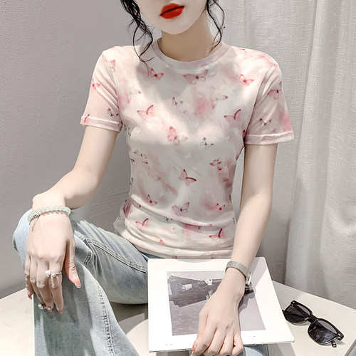 冰丝短袖t恤女夏季时尚减龄印花网纱上衣修身百搭显瘦气质小衫潮
