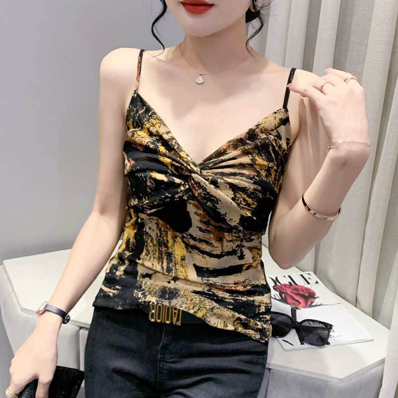领小吊带印花性感西装内搭背心