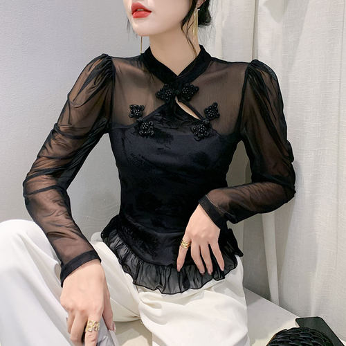 通勤拼接,纽扣盘网纱上衣薄