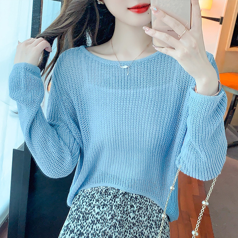 冰丝镂空针织衫女式套头夏季薄款长袖宽松外搭罩衫不规则短款上衣