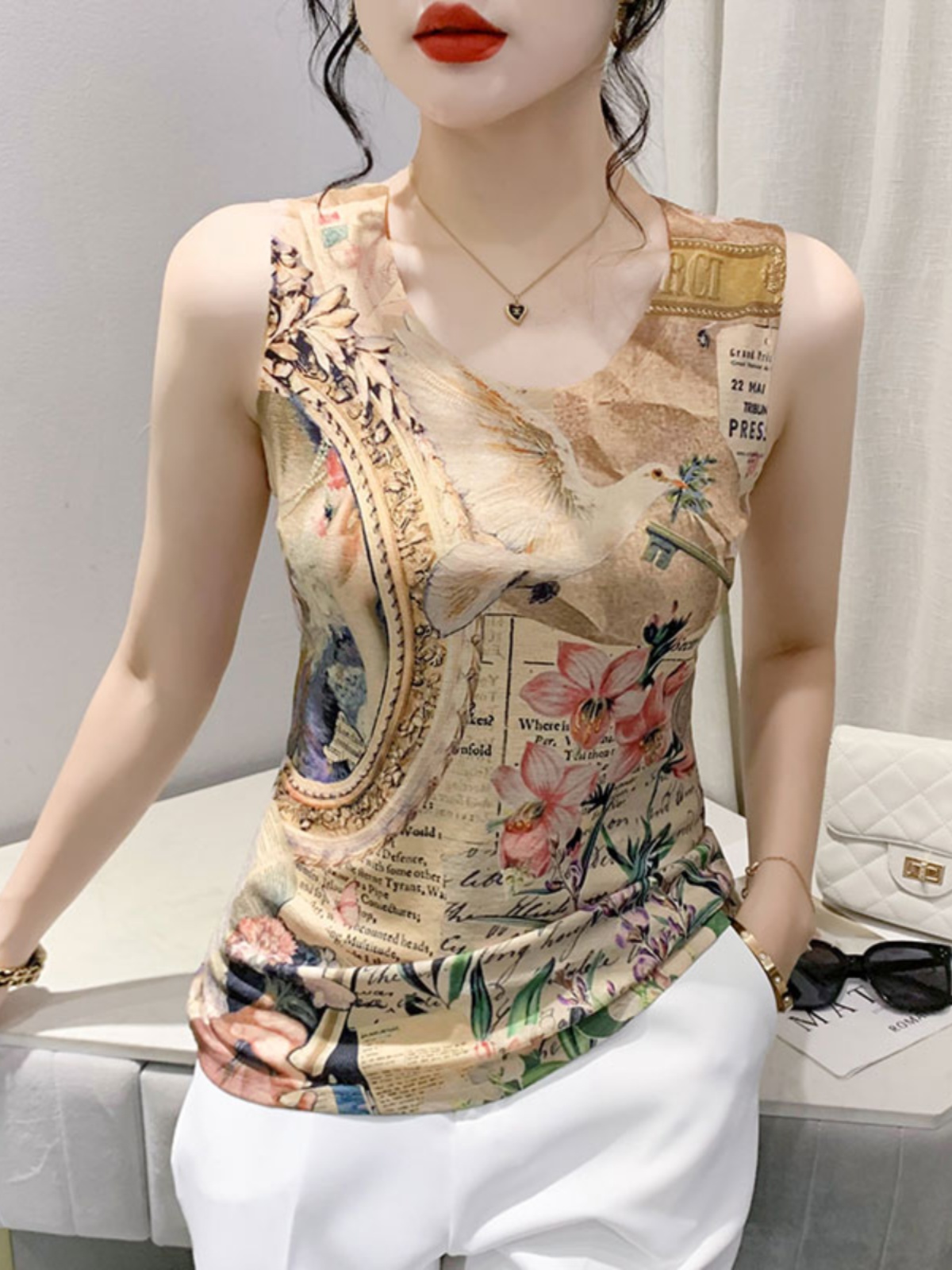 印花吊带街头复古小背心女