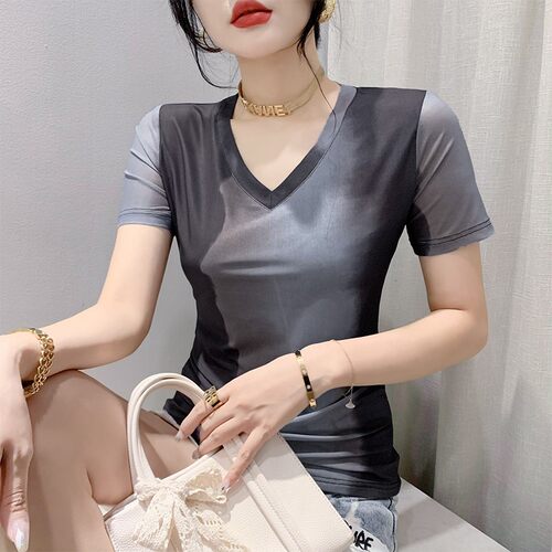 欧货扎染印花体恤女夏装新款性感V领网纱短袖T恤紧身显瘦百搭上衣