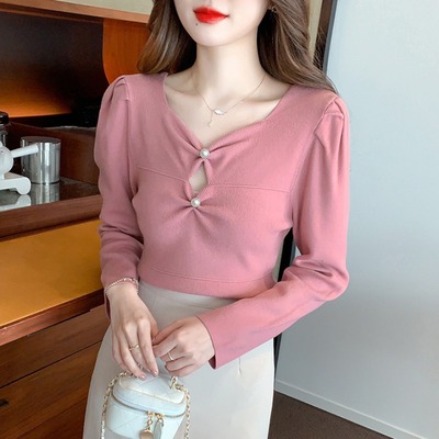 粉色褶皱镂空长袖针织衫女秋冬新款设计感气质纯欲修身毛衣上衣潮