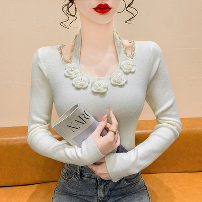 法式立体花朵钉钻挂脖针织衫女秋冬新款长袖打底毛衣修身显瘦上衣