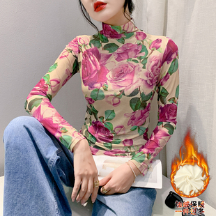 欧货网纱设计感加绒高领打底衫女显瘦内搭洋气减龄花色上衣蕾丝衫