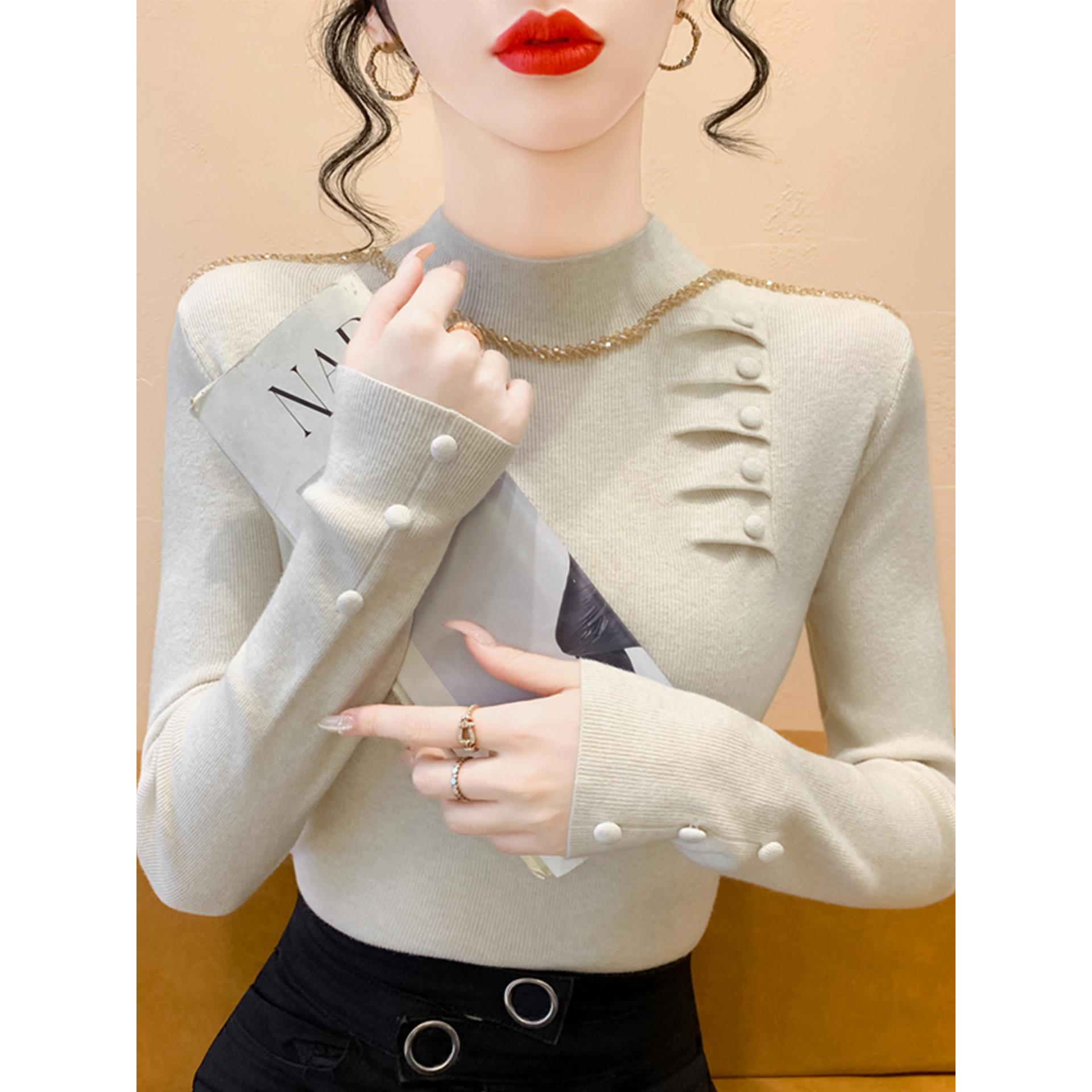 法式覆古半高领打底针织衫女秋冬季重工烫钻内搭毛衣修身显瘦上衣