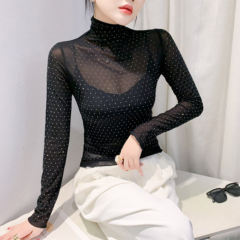 欧货洋气闪钻T恤女长袖秋冬新款内搭高领打底衫紧身显瘦网纱上衣