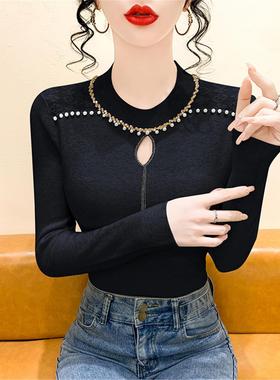 黑色镂空毛衣针织衫女秋冬欧货设计感钉珠上衣长袖修身内搭打底衫