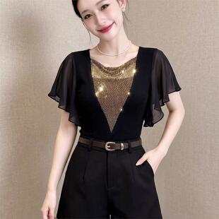 2026年夏季新款女装荷叶袖上衣修身显瘦打底衫高级感时尚拼接t恤