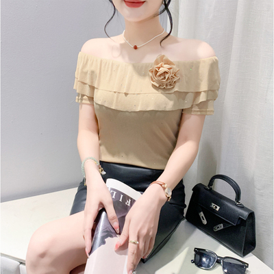 性感一字领露肩T恤女网纱荷叶边立体花朵短袖修身百搭上衣小衫夏
