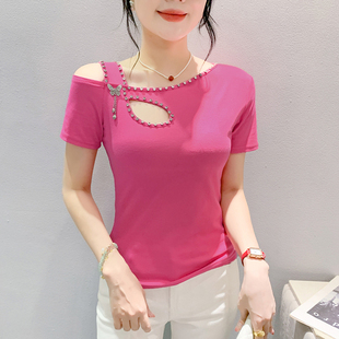 欧货夏季 短袖 T恤女性感路肩斜领钉钻设计感镂空修身 显瘦上衣小衫