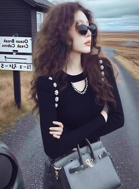 美式黑色显瘦针织打底衫女秋冬2025新款镂空钉珠长袖内搭上衣毛衣