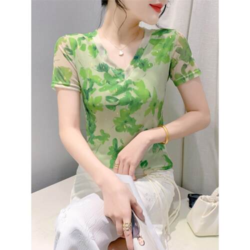 欧货女装时尚烫金印花打底衫女短袖设计感V领T恤网纱修身百塔上衣