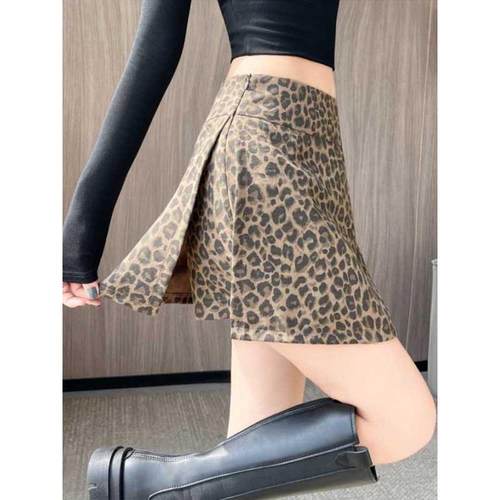 美式豹纹侧开叉半身裙女秋季辣妹高腰修身显瘦包臀短裙阔腿靴裤子