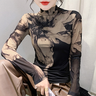 秋冬加绒高领网纱T恤女长袖性感网纱扎染印花上衣洋气修身打底衫