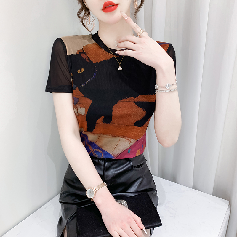 美式复古印花T恤女短袖夏装欧货时尚弹力网纱上衣显瘦洋气质小衫