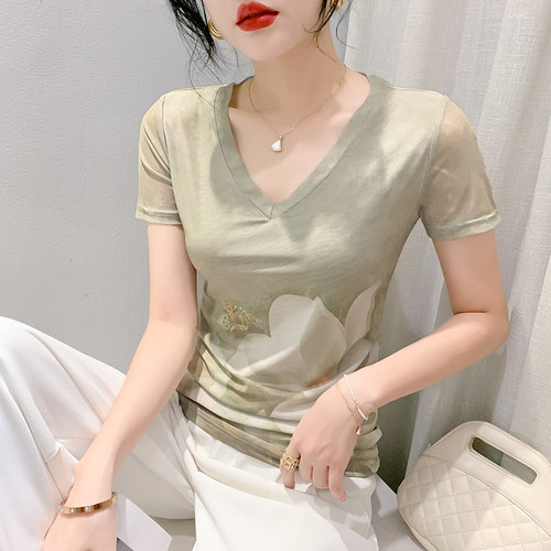 气质印花T恤女修身显瘦网纱上