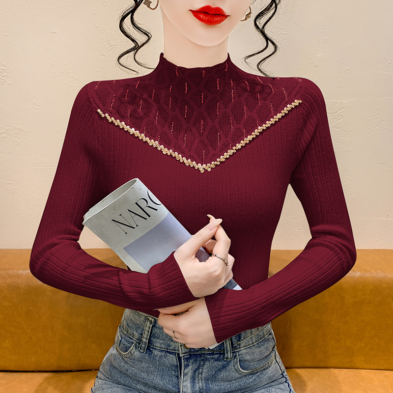 高级感半高领钉钻针织打底衫女秋冬新款修身毛衣时尚洋气内搭上衣