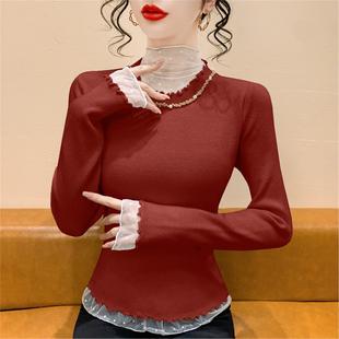 假两件蕾丝拼接高领钉钻针织衫 毛衣上衣 女秋冬独特漂亮显瘦打底衫