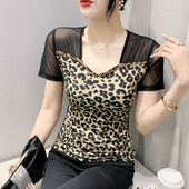 欧货豹纹T恤女短袖 紧身网纱拼接上衣 性感V领钉珠小衫 2024夏装 新款