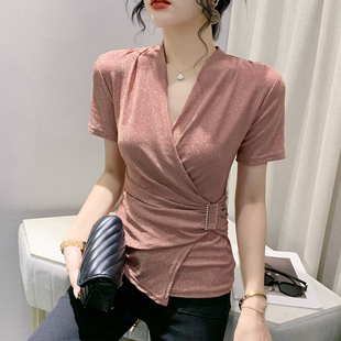 不规则开叉T恤女短袖 性感V领网纱上衣收腰体恤夏 时尚 洋气亮丝小衫