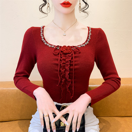 秋冬2024年新款重工钉钻木耳边打底衫女挂颈方领毛衣针织衫上衣潮