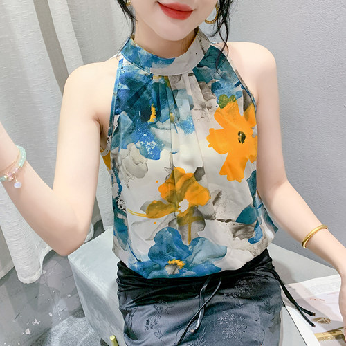 法式碎花挂脖吊带雪纺上衣女背心夏季性感无袖衬衫外穿漂亮小衫潮