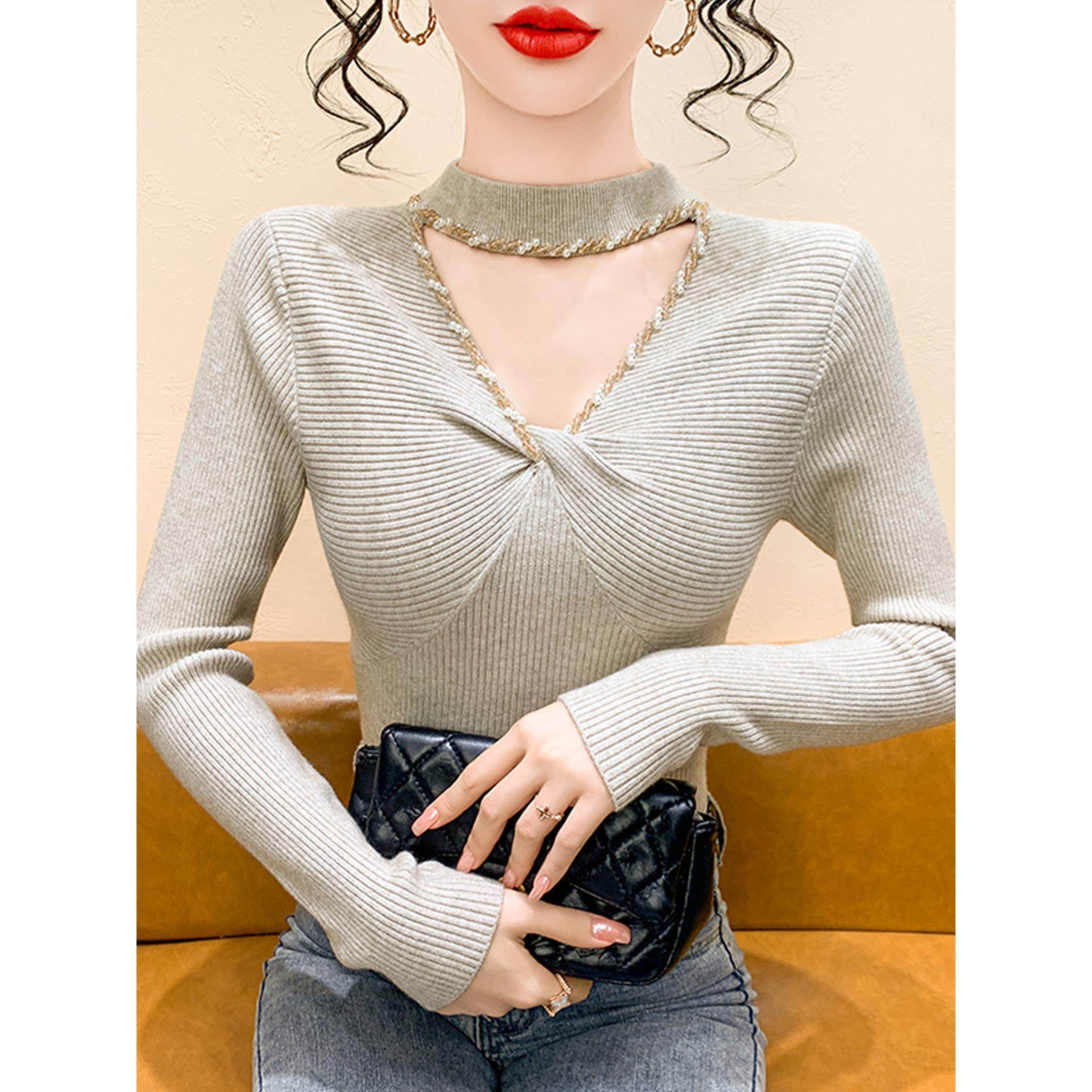 气质挂脖扭结V领钉珠长袖针织衫女秋冬加厚修身毛衣内搭打底上衣,女装/女士精品,毛针织衫,淘宝优惠券,粉丝福利购,淘宝优惠卷