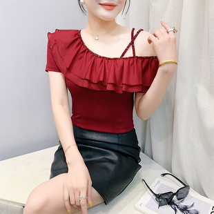 气质女人味钉珠短袖 T恤女性感一字领露肩荷叶边上衣修身 小衫 夏装