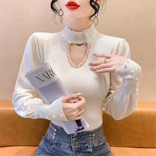上衣 毛衣打底衫 重工钉珠镂空蕾丝拼接半高领针织衫 女秋冬气质修身