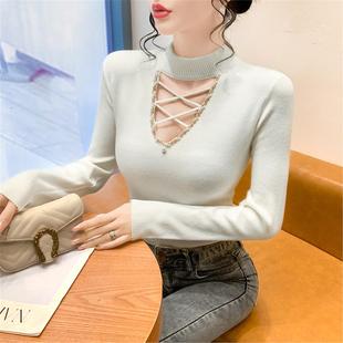 半高领毛衣打底衫女秋冬2025新款性感镂空钉珠针织衫长袖内搭上衣