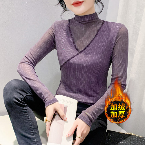 设计感加绒加厚半高领钉珠网纱长袖t恤女秋冬时尚修身显瘦打底衫