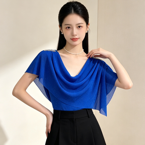 2026年夏季新款女装设计感肩部钉钻亮丝网纱修身显瘦通勤上衣小众