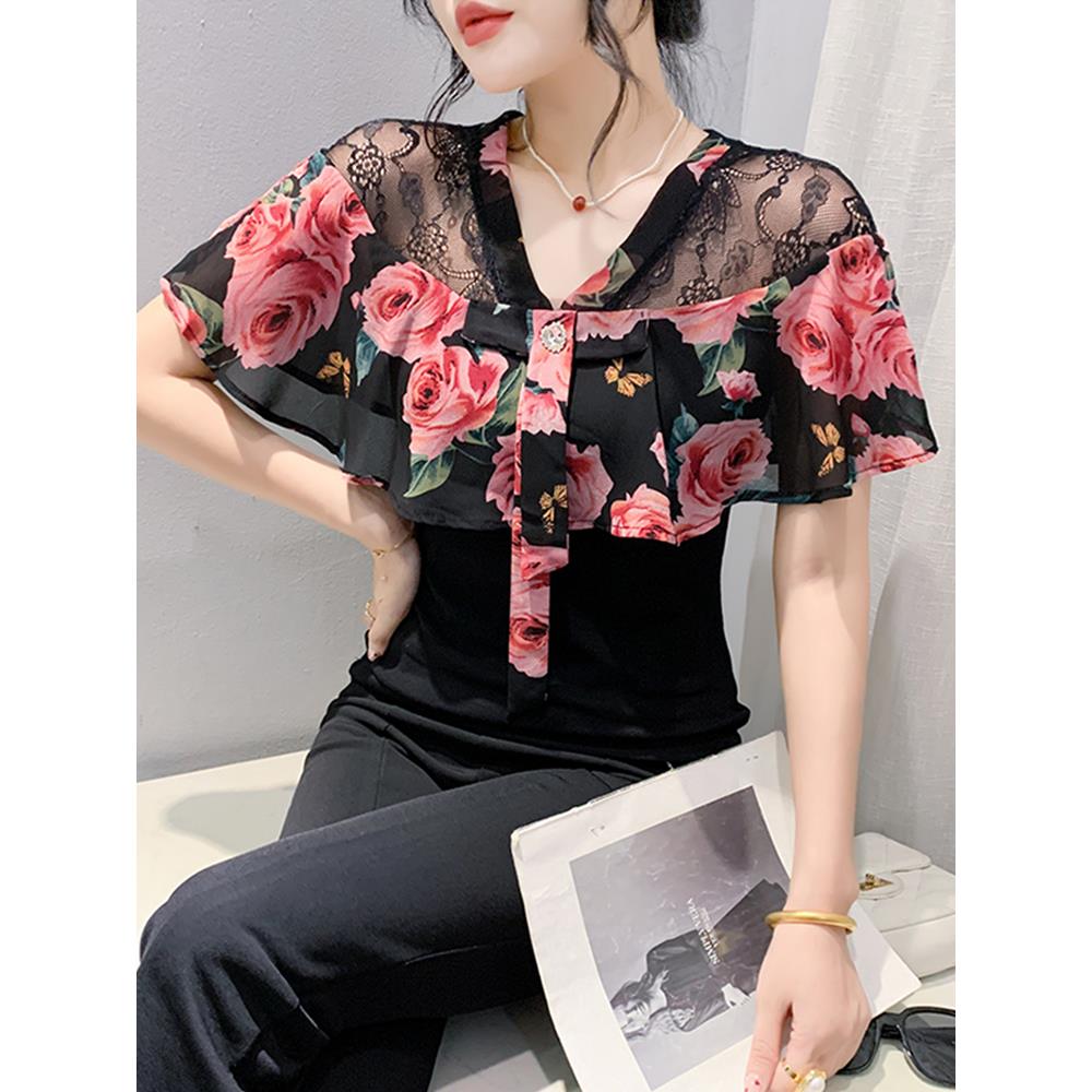 时髦花朵印花上衣女夏装性感V领蕾丝拼接荷叶边短袖T恤修身小衫潮