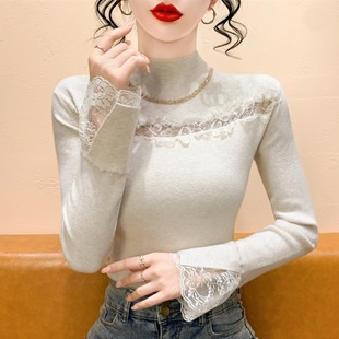 显瘦毛衣打底衫 女秋冬长袖 内搭上衣 钉钻半高领蕾丝拼接针织衫 法式