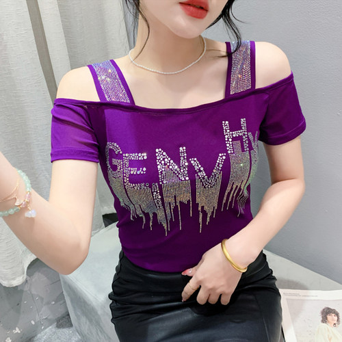 夏季时尚时髦烫钻网纱短袖T恤女性感吊带露肩百搭显瘦修身上衣潮