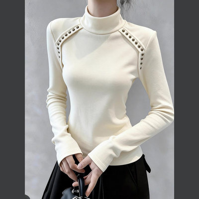 法式复古长袖德绒半高领打底衫女秋冬季2025新款正肩收腰内搭上衣