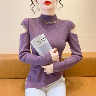 上衣 女秋冬不规则设计感褶皱收腰打底衫 半高领钉钻露肩长袖 针织衫