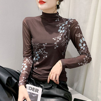 长袖街头常规印花高领网纱打底