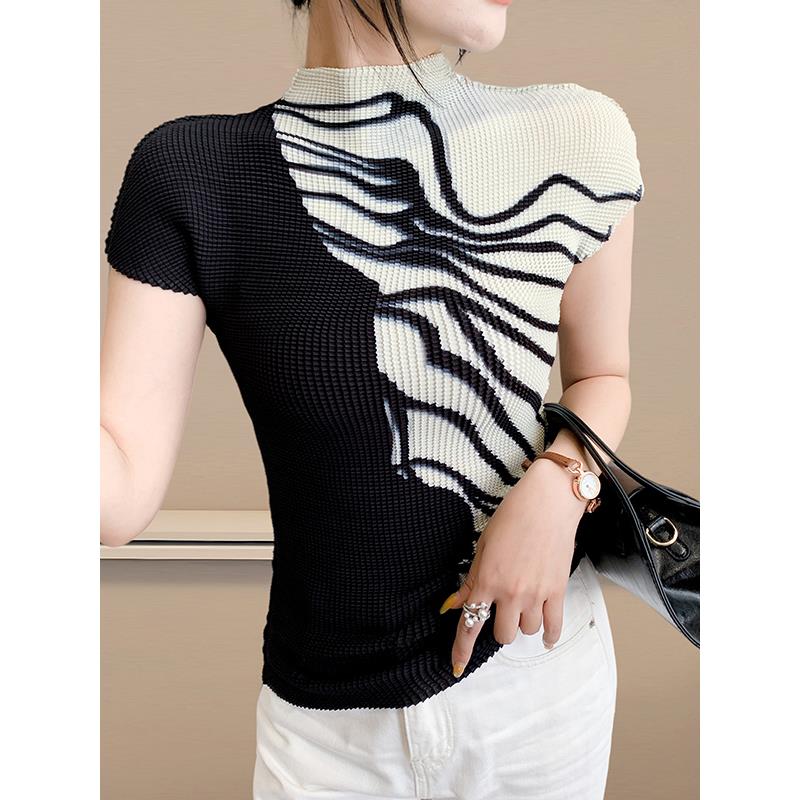 拼色褶皱2025夏季时尚短袖上衣小衫女压褶弹力修身显瘦印花t恤潮