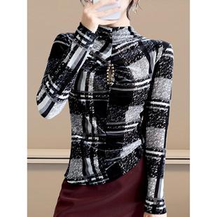 t恤洋气小衫 显瘦长袖 女秋冬欧货镂空钉珠网纱上衣修身 高领打底衫