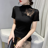 半高领打底衫 T恤网纱洋气质小衫 女春秋2024新款 性感镂空蕾丝短袖