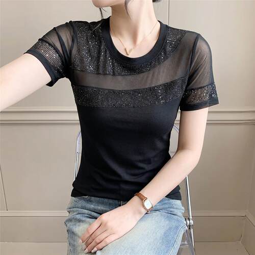 性感网纱T恤女短袖夏装欧货高级感时尚烫钻上衣洋气百搭显瘦小衫