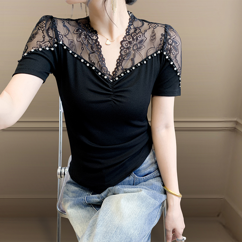 欧货小衫女夏装性感V领蕾丝拼接网纱短袖T恤气质显瘦闪钻半袖上衣