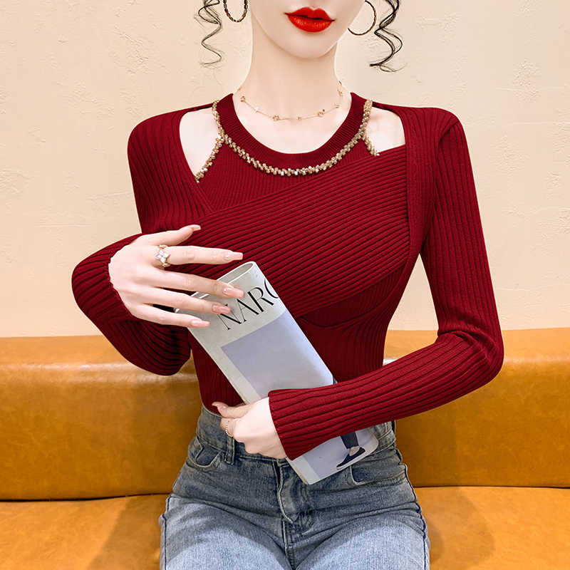 气质假两件针织打底衫女秋冬高级感镂空钉珠上衣长袖内搭挂脖毛衣